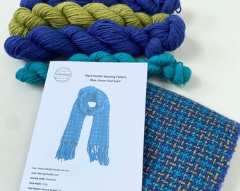 Scarf weaving kit for a confident weaver with a rigid heddle loom - weave a blue, green and turquoise scarf with the pattern and yarn.