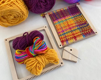 Square loom weaving kit, various sizes, gift wrap option with sustainable packaging including a loom, yarn, comb, needle and instructions