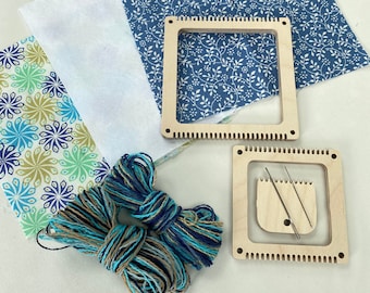 Weaving and mending kit, little loom kit, colour coordinated with yarn and fabric for sustainable clothing repair, rewear and recycle.