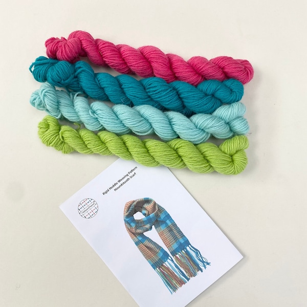 Kit de tissage d'écharpe pour tisserande qui possède déjà un métier à tisser à lisses rigides - tissez une écharpe rose vif, turquoise et verte avec le motif et le fil.