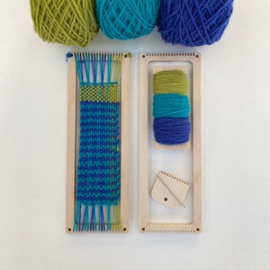 Bookmark weaving loom kit, learn to weave with British yarn in blue, teal, grey, pink and green shades of wool, box gift wrapping available