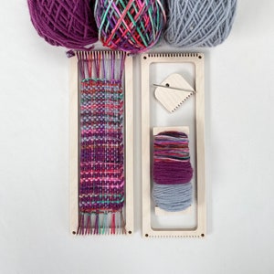 Bright bookmark weaving loom kit, learn to weave with handdyed fun, vivid, wool yarn in plum, grey and pink shades, gift boxed an option