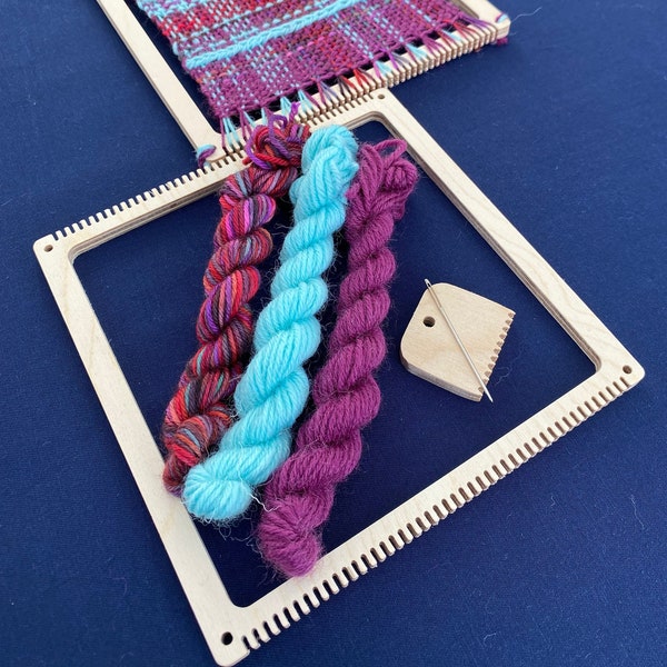 Square loom weaving kit,  including a loom, luxury handdyed and British yarn, comb, needle and instructions