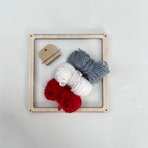 Square loom weaving kit with red, white and grey yarn