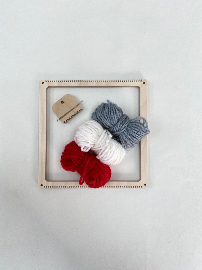 Square loom weaving kit with red, white and grey yarn