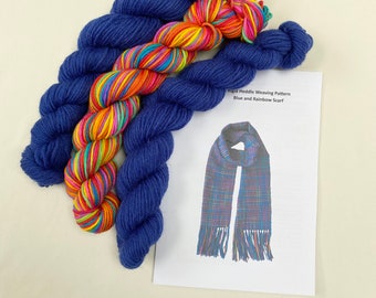 Scarf weaving kit for a weaver who already has a rigid heddle loom - weave a bright blue and rainbow scarf with the pattern and yarn.