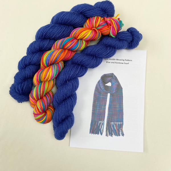 Scarf weaving kit for a weaver who already has a rigid heddle loom - weave a bright blue and rainbow scarf with the pattern and yarn.