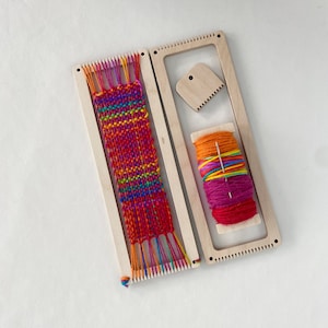 Bright bookmark weaving loom kit, learn to weave with fun, vivid, wool yarn in rainbow, red, neon and pink shades, gift wrapping an option