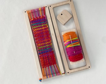 Bright bookmark weaving loom kit, learn to weave with fun, vivid, wool yarn in rainbow, red, neon and pink shades, gift wrapping an option