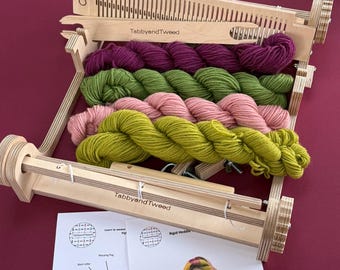 Rigid Heddle Loom Weaving Craft Kit: Pink & Green Wool Scarf, Beginner Weaving