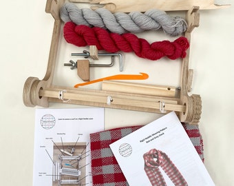 Rigid heddle loom, scarf weaving kit - learn to weave with this loom, red and grey yarn, instructions creating a beautiful check wool scarf.