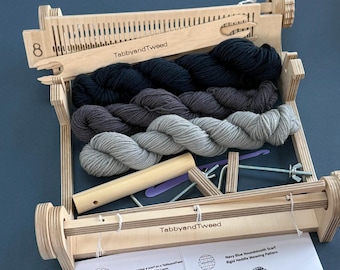British Wool Scarf Weaving Kit: Rigid Heddle Loom, Navy Grey Houndstooth