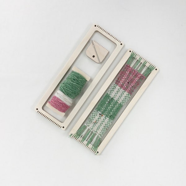 Bookmark weaving kit, mini loom, learn to weave with green, pink and white British Wool options, reusable loom, instructions, a perfect gift