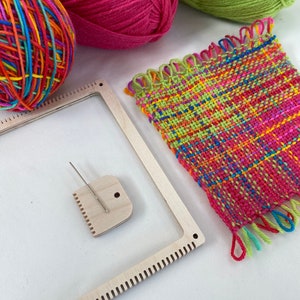 Square frame loom weaving kit, various loom sizes, yarn in rainbow, pink and lime shades, learn to weave on this portable reusable loom