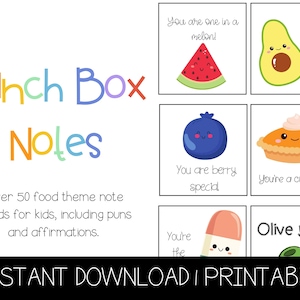 Lunch Box Notes for Elementary Kids I Notecards for Kid&#39;s Lunches I Back to School Notes I Puns and Affirmations Instant Download, Printable