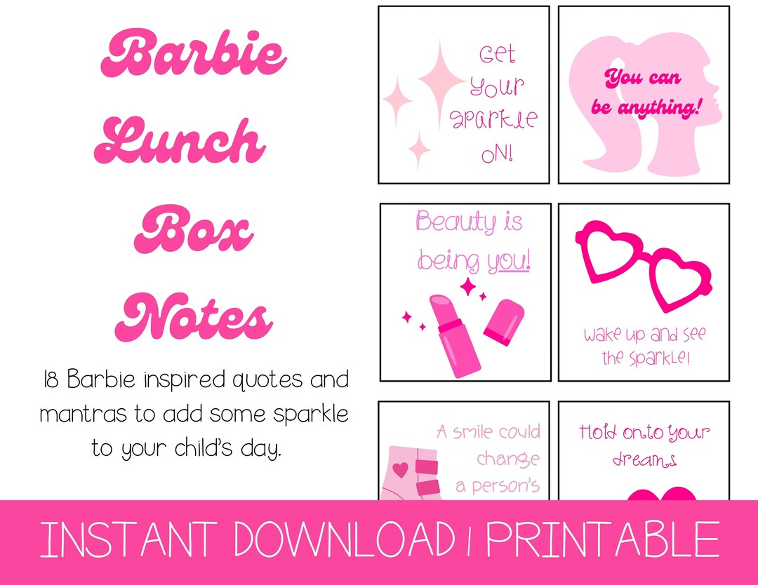 Barbie Theme Lunch Box Notes for Elementary Kids I Notecards for Kid's ...