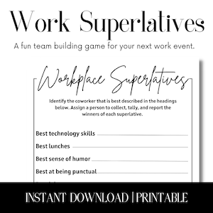 Superlativos de trabajo para imprimir, descarga instantánea. Juego de fiesta de trabajo. Perfecto para fiestas de oficina, agradecimiento al personal y happy hour.