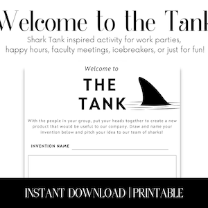 Op haaientank geïnspireerd welkom bij de tank Office/Work Party Afdrukbaar voor werk Teambuilding, happy hour, Office Games, Icebreaker-activiteit