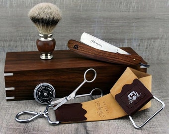 Rasierset aus Holz Nassrasierer Rasier Super Dachshaar Rasierpinsel Abziehleder Geschenkbox aus Holz 5 Pc Shaving Kit