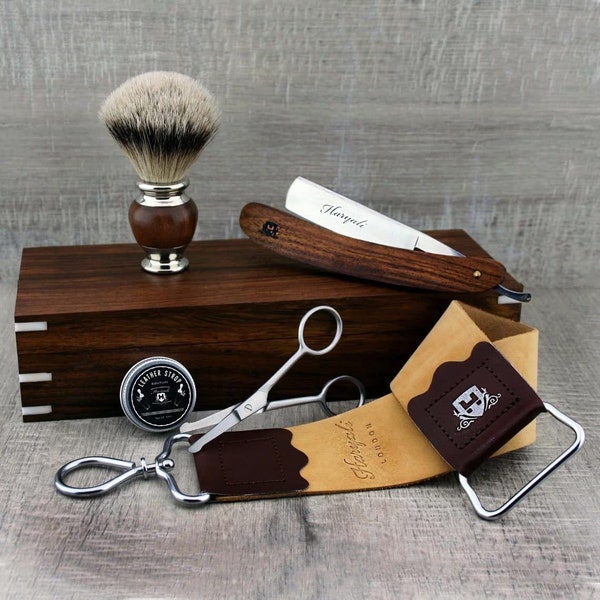 Rasierset aus Holz Nassrasierer Rasier Super Dachshaar Rasierpinsel Abziehleder Geschenkbox aus Holz 5 Pc Shaving Kit