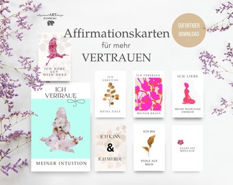 May include: Set of eight printable affirmation cards with pink, gold, and white floral designs. The cards feature positive affirmations in German, such as "Ich vertraue meiner Intuition" and "Ich liebe meine weibliche Energie".
