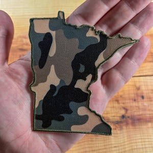 Minnesota Camo Iron-On Patch, State Outline Badge for Hats, Jackets, Bags