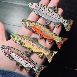 Trout Patch Set of 4 | Rainbow (x2), Brook, Brown | Quality Embroidered Iron-On Patches for Jackets, Hats, Vests, Backpacks | Fly Fishing