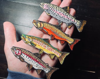 Trout Patch Set of 4 | Rainbow (x2), Brook, Brown | Quality Embroidered Iron-On Patches for Jackets, Hats, Vests, Backpacks | Fly Fishing