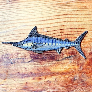 Blue Marlin Embroidered Iron-On Patch: Fishing Gift