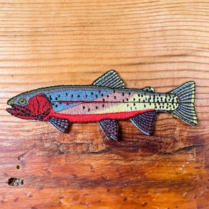 Puede incluir: Un parche bordado de una trucha con marcas rojas, amarillas y azules, sobre un fondo de madera marrón.
