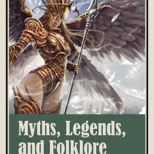 Puede incluir: Ilustración de una figura alada con armadura dorada sosteniendo una lanza. La figura tiene el pelo largo y rubio y está sobre un fondo nublado. El texto "Myths, Legends, and Folklore" se muestra en la parte inferior de la imagen.