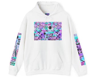 May include: White hoodie with a front graphic featuring a colorful digital art design. The design includes elements like hourglasses, cursors, and the text "ERROR 404". Sleeves have matching graphics with the text "ERROR 404" and "LOAD".