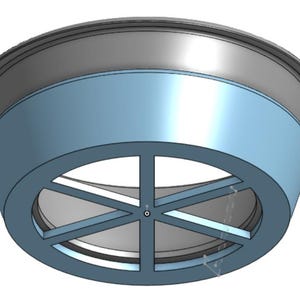 May include: A 3D-rendered, light blue and grey circular object. The object has a cylindrical light blue band with a geometric pattern of intersecting lines. Above the band is a grey, rounded rim.