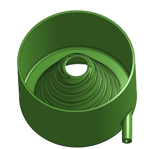 Puede incluir: Objeto cilíndrico verde con interior en espiral y boquilla. El diseño presenta una serie de crestas curvas concéntricas que se estrechan hacia el centro. El objeto está representado en un verde mate sólido.