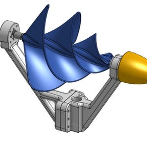 Puede incluir: Representación 3D de un dispositivo mecánico con una serie de aspas azules curvas. Las aspas están unidas a un eje central y soportadas por un marco angular gris. Un componente cónico amarillo se encuentra en el extremo.