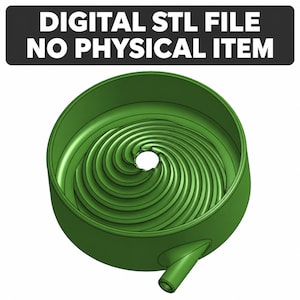 Pode incluir: Um modelo digital 3D verde de uma tigela circular com uma base interior com padrão em espiral e um pequeno bico na lateral. O texto DIGITAL STL FILE NO PHYSICAL ITEM é exibido em letras brancas num fundo retangular preto.