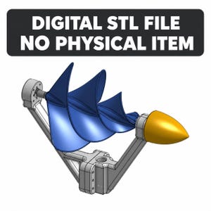 Puede incluir: Un archivo STL digital para un modelo 3D de un ensamblaje de turbina mecánica. El diseño presenta un componente de hoja helicoidal azul, un cono de nariz amarillo y un marco de soporte gris. El texto DIGITAL STL FILE NO PHYSICAL ITEM aparece arriba.