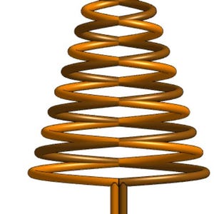 Op de afbeelding: Een gestileerde, oranje-bruine spiraalboomsculptuur. De boom is samengesteld uit een reeks concentrische, spiraalvormige lussen die de vorm van een kerstboom vormen. De sculptuur heeft een eenvoudig, minimalistisch ontwerp en staat tegen een witte achtergrond.