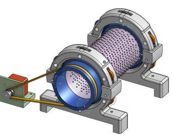 May include: A 3D rendering of a mechanical device with a cylindrical perforated drum at the center. The device has a blue and silver color scheme, with a belt-driven mechanism on the left side. The drum is supported by two silver brackets.