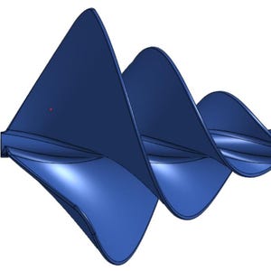 Puede incluir: Representación 3D de una broca helicoidal azul, una herramienta con una cuchilla helicoidal utilizada para taladrar. El diseño presenta una serie de cuchillas curvas que giran a lo largo de un eje central. El objeto está sobre un fondo blanco.