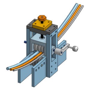 Puede incluir: Una máquina de metal azul claro y amarillo con una serie de rodillos y una manivela. Tres tubos de colores, azul, naranja y gris, se alimentan a través de la máquina. La máquina tiene una parte superior amarilla y un mango plateado.