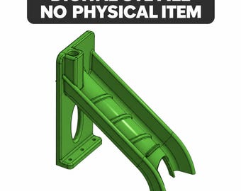 May include: A green 3D model of a wall-mounted bracket with a downward-sloping chute. The text DIGITAL STL FILE NO PHYSICAL ITEM is displayed at the top. The bracket features a vertical mounting plate with a circular hole and a support structure.
