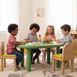 May include: A green round table with four children seated around it, each at a chair with a yellow cushion. The children are drawing and playing with blocks. The room has a neutral colour scheme with a patterned rug.