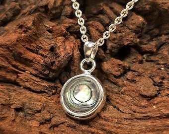 Op de afbeelding: Een zilveren ketting met een cirkelvormige hanger. De hanger heeft een parelmoer centrum omgeven door een zilveren rand. De delicate ketting hangt tegen een donkere houten achtergrond.