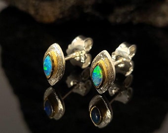 Opal stud earrings - stud earrings silver 925 - natural opal earrings - blue precious opal stud earrings - gold-plated stud earrings - matte stud earrings