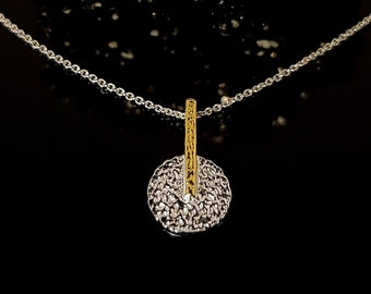 Pendentif en argent forgé - pendentif martelé et plaqué or - pendentif avec collier - chaîne d'ancre de 45 cm de long - plaqué or bicolore 24 carats