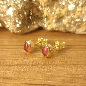 Könnte beinhalten: Ein Paar goldene Ohrstecker mit rosafarbenen Edelsteinen. Die Ohrringe liegen auf einer Holzoberfläche.