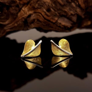 Heart stud earrings silver gold plated - heart-shaped silver stud earrings - stud earrings silver gold plated - leaf stud earrings 925 - matte matt polished
