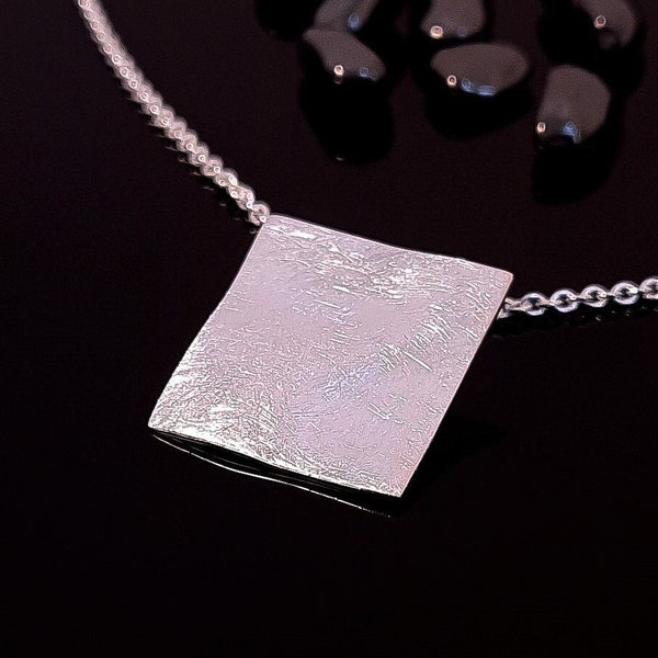 Sterling silver pendant - matt chain pendant - square silver pendant - simple pendant - necklace - wavy satin finish