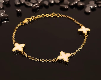 天然マザーオブパール ブレスレット シルバー ゴールドメッキ - マザーオブパール ブレスレット 調節可能 - シルバー ブレスレット 925 ニッケルフリー - ホワイト マザーオブパール セット - 18.5 cm